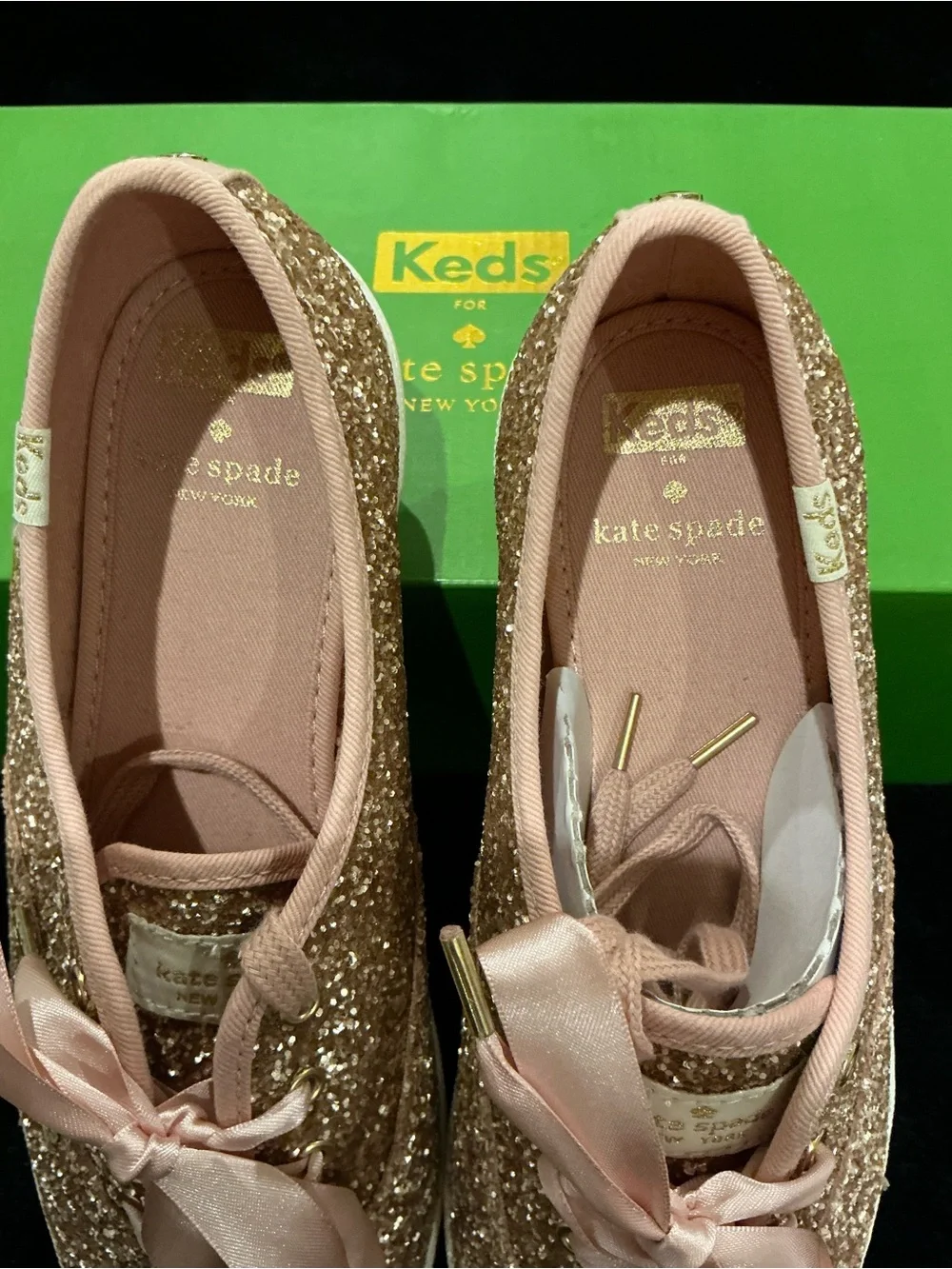 kate spade Rose Gold Glitter Sneakers with Pink Satin Laces